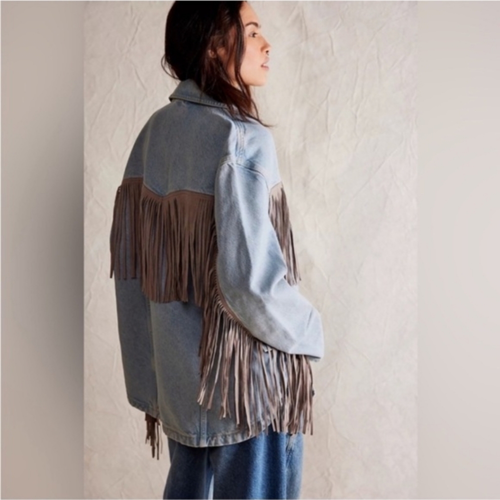 We The Free Light Blue Jean Jacket with Fringe NWOT - Picture 4 of 12